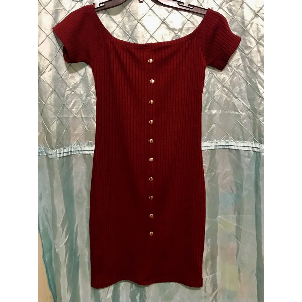 Burgundy Faux button closure midi dress